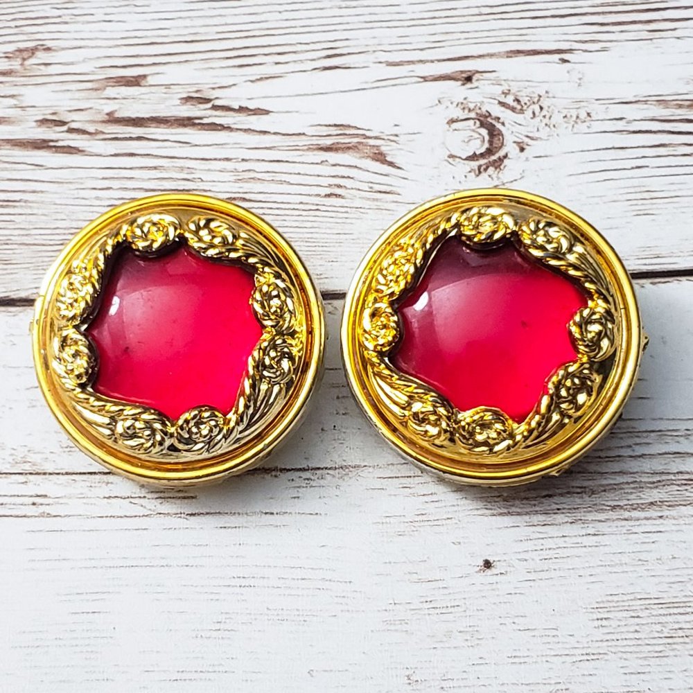 Vintage Clip On Earrings Large Chunky Statement Red & Gold Tone Ornate 1 & 5/8"